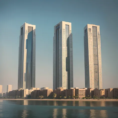 A picture of two modern towers on both sides of the Nile with a road next to them, embodying modern Egyptian architecture --auto --s2