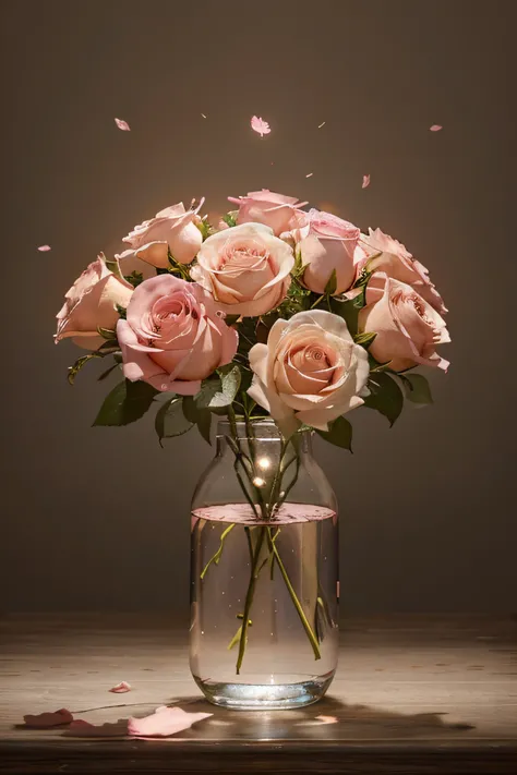 Fresh flowers, Soft pink color, Lots of light, Transparent glowing petals, Pure light colours, rose petals, higly detailed, painting