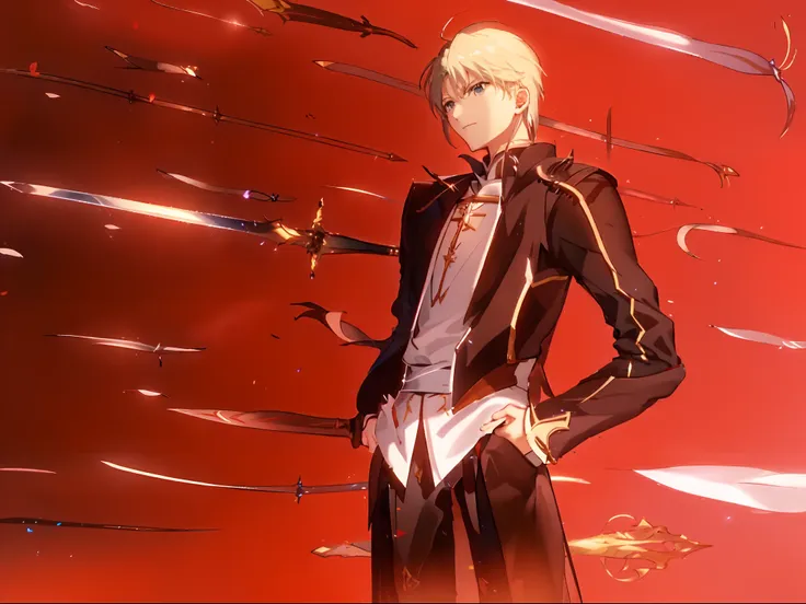 The background is a vortex of light。Anime man in suit standing in front of a wall of swords, Fate / Stay Night, fate stay night, unlimited blade works, anime fencer, Fate/Staynight, fate zero, anime style like fate/Stay Night, tsubasa chronicles, sougo oki...