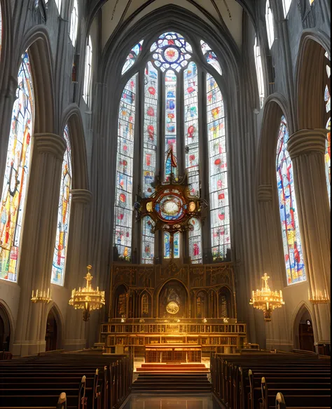 Steampunk machinery，Catholic cathedral interior，Oversized rose windows，high-quality photo，超高分辨率，（Photoreality：1.4），Cinema lights，exceptionally detailed，Ultra photo realsisim，finedetail，Octane rendering ivory crucifix（There are cross elements）