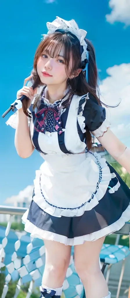 Idol in maid outfit、large full breasts、beautiful foot、、Polka dot costume、Good Style、、a miniskirt、、City of Blue Sky