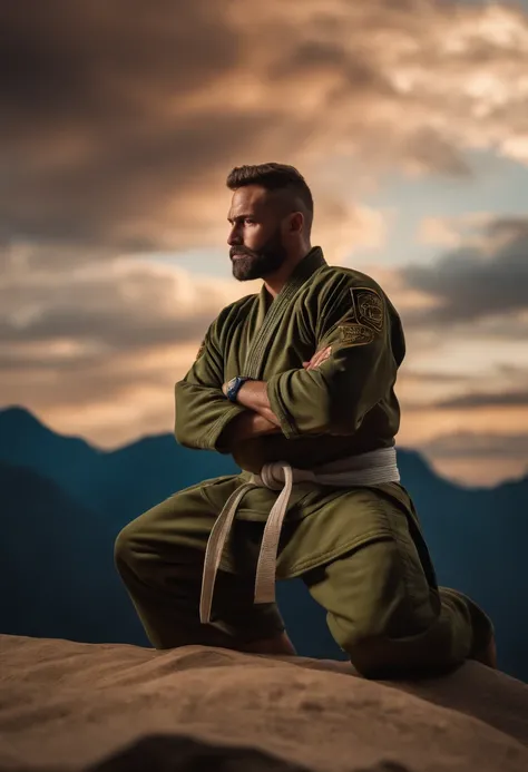 homem em frente a uma gigantesca montanha ao fundo, with arms crossed, Man in combat position, Quimono de jiu-jitsu, 8k, hyper realista, detalhado.