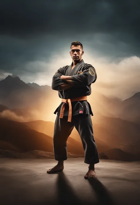 homem em frente a uma gigantesca montanha ao fundo, with arms crossed, Man in combat position, Quimono de jiu-jitsu, 8k, hyper realista, detalhado.