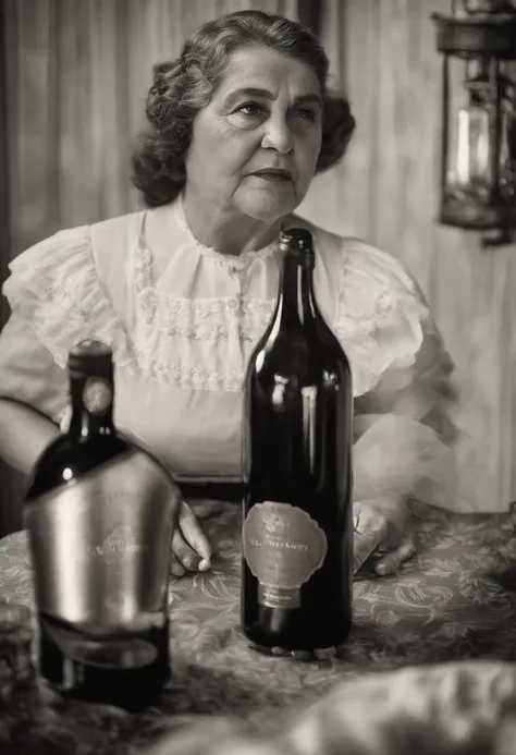 123-year-old girl, sozinha, with a glass and a bottle of wine, cabelos escuros com as pontas do cabelo castanho claro, cabelos passando da altura dos ombros, ondulado, pele morena, mean eyes, olhos castanho escuro, bochechas um pouco gordinhas, large mouth...