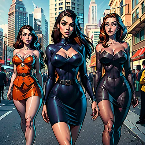 Detailed realistic digital fixed 3d illustration, Bill Wilder 50s comic book style, beautiful 3 women, (((oversized sharp bust, perfect face,))) super ultra-thin waist, super long legs, super hourglass body, tight colorful sheer skirt, long hair, walking a...