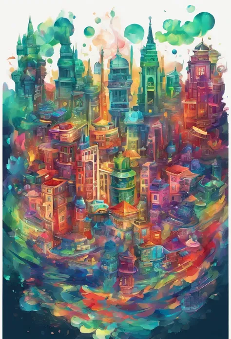 3d watercolor abstract,dark background,high resolution,high quality,colorful,green,red,blue,Create desain depicting this futuristic city above the clouds, focusing on the buildings and vehicles.