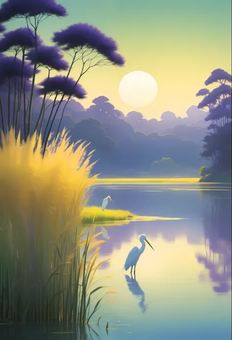 Tranquil Landscape Illustration, Close-up of a blue-violet gradient lake with egrets looming in the yellow-green reeds, Nature Landscape Artwork, Studio Ghibli Painting Style, Fine Texture, Rich Color Variations, Muted, Landscape Illustration, 8k