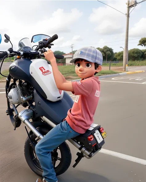 Crie uma imagem de Um menino empinando uma moto