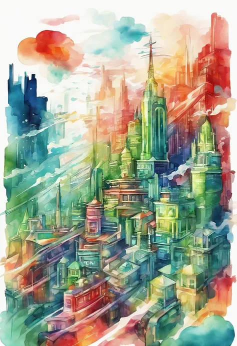 3d watercolor abstract,dark background,high resolution,high quality,colorful,green,red,blue,Create desain depicting this futuristic city above the clouds, focusing on the buildings and vehicles.