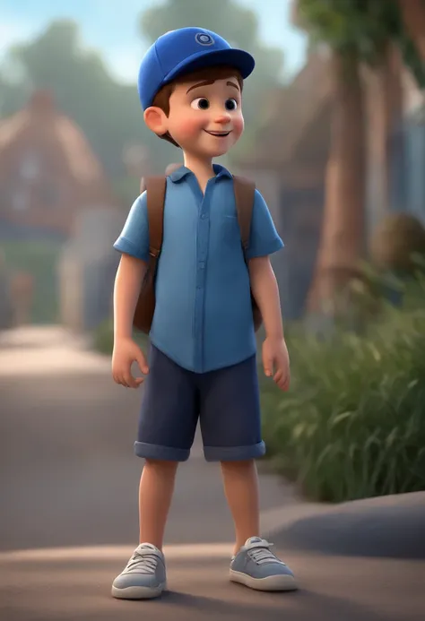 A happy cute boy standing short hair with dark blue cap , vestindo uma camisa azul , , fundo branco, barnet, Tom, Estilo Pixar, ......3d, desenhos animados, rosto detalhado, asymmetrical 16k