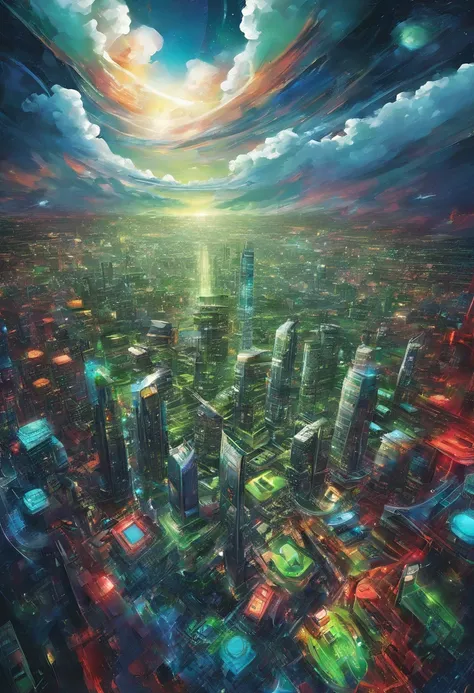 3d acrylics abstract,dark background,high resolution,high quality,colorful,green,red,blue,Create desain depicting this futuristic city above the clouds, focusing on the buildings and vehicles.