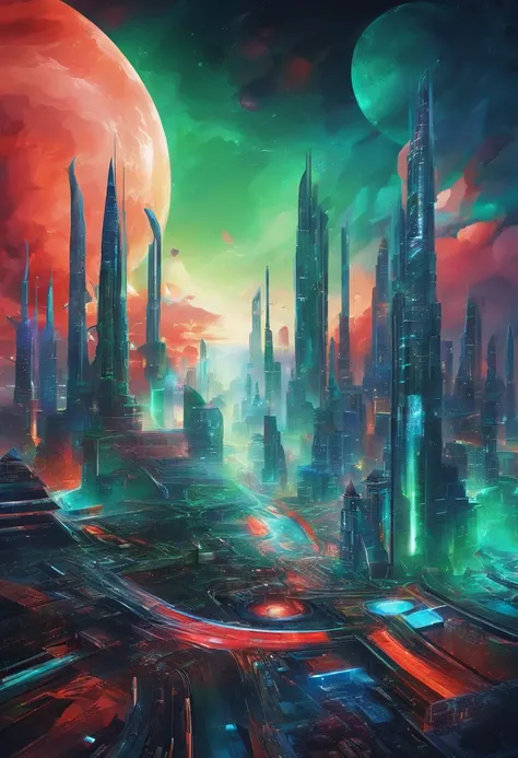 3d acrylics abstract,dark background,high resolution,high quality,colorful,green,red,blue,Create desain depicting this futuristic city above the clouds, focusing on the buildings and vehicles.