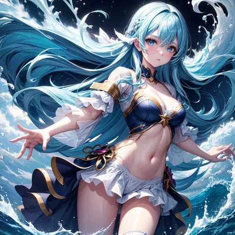 8K, 1girl in, High collar, Gorgeous, (フラクタルアート1.8), sullenness, youthfulness, Blue hair, Deep under the sea, Gorgeous, Dynamic, visual impact, Hands in pockets, (Lens Wave 1.5)