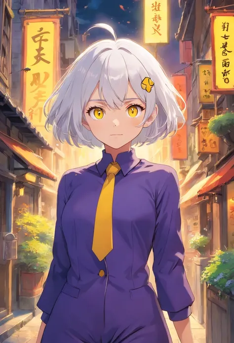 1girl, (masterpiece), white hair, short hair, yellow eyes, Joker suit,