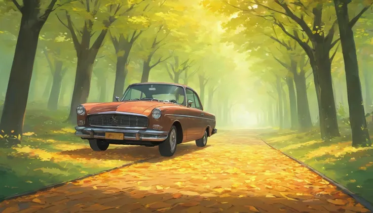 (best-quality:0.8), wide shot of autumn road with perfect trees full of leaves, house with smoke in the chimney and an sixties car parked, cinematic lighting, ultrafine detailed, Accent lighting, Kodak portra, Luminous trails, key visual, artstation