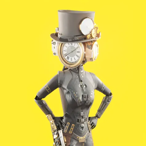 there is a robot with a clock on its head and a hat on, clockwork woman, clockpunk, steampunk inventor girl, steampunk automaton, portrait of a mechanical girl, brass semi - mechanical woman, steampunk pin-up girl, western steampunk cyborg, portrait of a s...