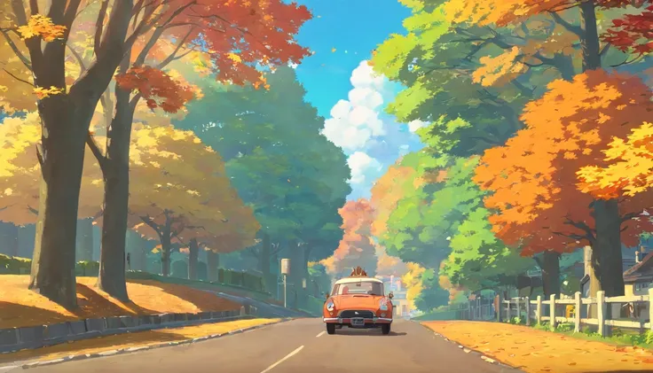 (best-quality:0.8), wide shot of autumn road with perfect trees full of leaves, house with smoke in the chimney and an sixties car parked, cinematic lighting, ultrafine detailed, Accent lighting, Kodak portra, Luminous trails, key visual, artstation