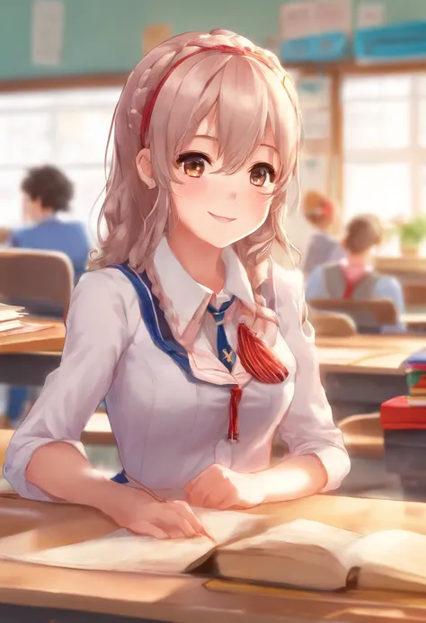 Anime girl sitting at a desk in a classroom with her hands on her knees, a hyperrealistic schoolgirl, a hyperrealistic schoolgirl, Realistic Schoolgirl, beautiful anime high school girl, Seductive Anime Girl, Smooth Anime CG Art, Cute Schoolgirl, oppai, sm...