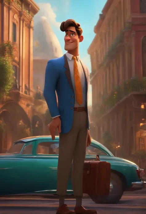 A city councilman looking at a dream project inspired by Pixar animation, de perto. The character takes center stage with captivating facial expressions, oferecendo um toque de irrealidade