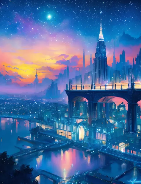 Colorful Metropolitan Museum of Art、River painting with stars and moon in rainbow sky、the met、Shining skyscrapers、Shine across the board、Skyscrapers、Concept art inspired by Mitsuoki Tosa、pixiv contest winners、top-quality、Fantasyart、beautiful anime scene、Br...