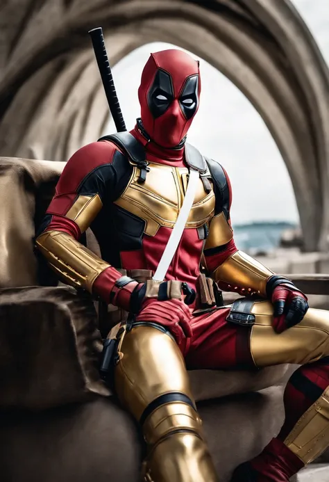 A deadpool, shiny gold white armor, realistic white location background, gold armor details, white suit itself