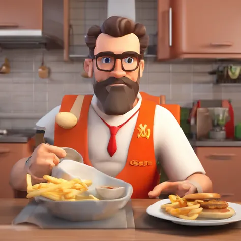 Criar um personagem no estilo Pixar. Trata-se de um homem de 30 anos, com barba, moreno, com cabelos castanhos curtos e um quiff, e olhos castanhos. Ele deve estar na frente de uma hamburgueria, Trabalhar como cozinha