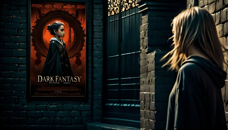 (((street-walls-pasted of dark fantasy with movie-poster:1.3))), (((girl looking at movie poster:1.3))), matte painting so detai...