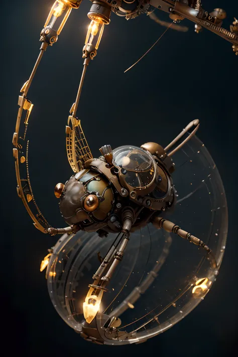 A very dynamic scene. Mechanical Transparent Dragonfly Snail. Threatening Face Pulling Out. steampunk style. Made of gears and screws. Fast flight in space. Parts fall off and fly in different directions. drawing in the style of a Disney Pixar cartoon. a c...