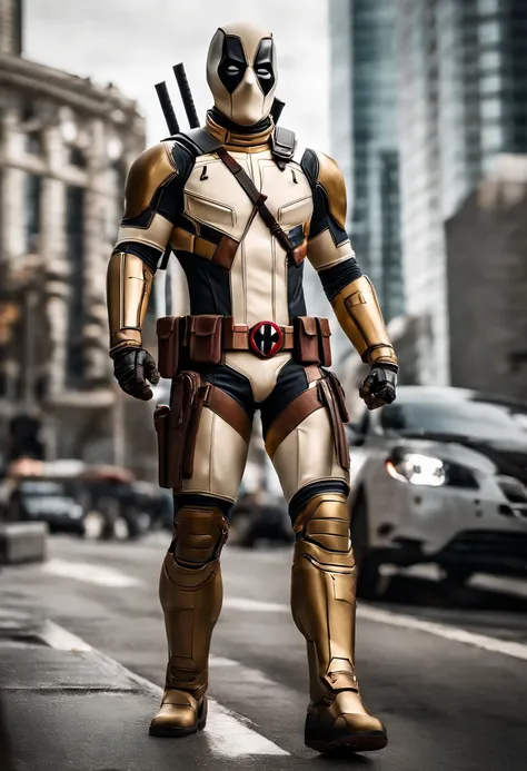 A deadpool, shiny white and gold armor, realistic and white location background, details of the white and gold armor suit, the white and gold suit itself, accurate and realistic image details.