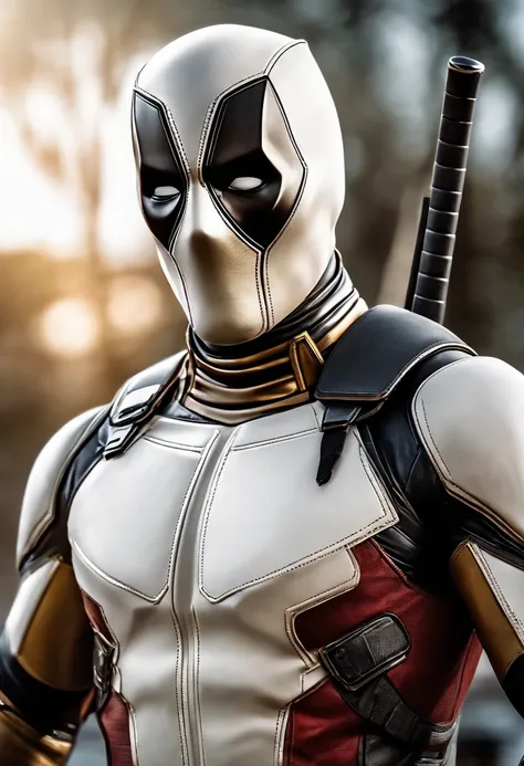 A deadpool, shiny white and gold armor, realistic and white location background, details of the white and gold armor suit, the white and gold suit itself, accurate and realistic image details.