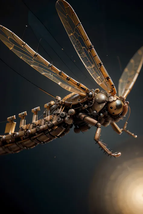 A very dynamic scene. Mechanical Transparent Dragonfly Snail. Threatening Face Pulling Out. steampunk style. Made of gears and screws. Fast flight in space. Parts fall off and fly in different directions. drawing in the style of a Disney Pixar cartoon. a c...