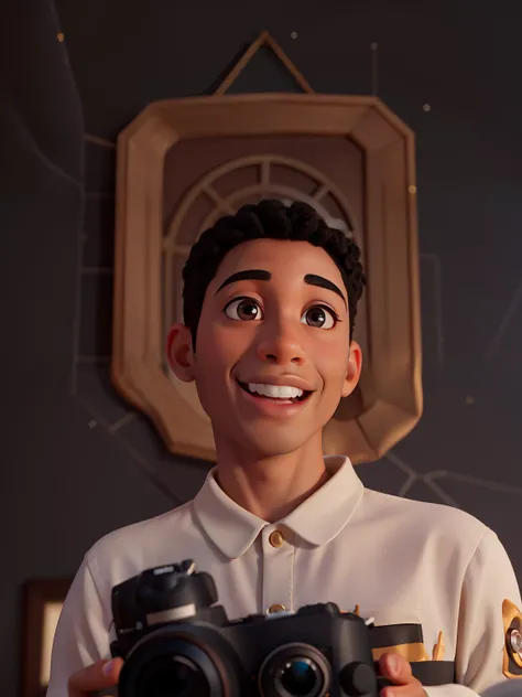 Make an image that is exactly the same as this example. black skin, curly hair, Please render in typical Disney Pixar style, smiling into camera. Sharp and detailed, 8k, hyper realistic, Kodak 200T, dramatic lighting, minimalist background