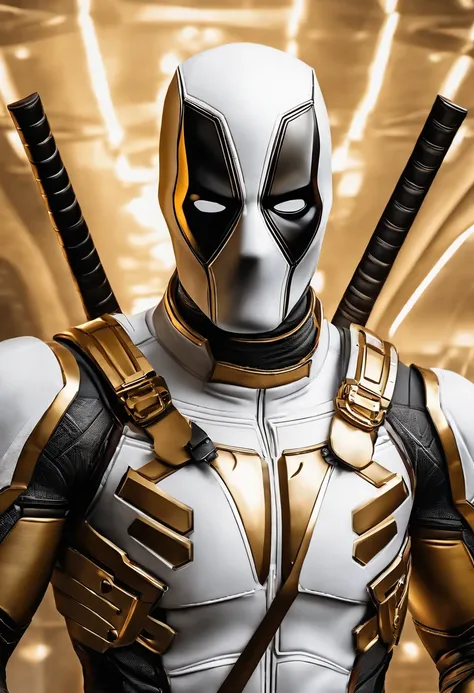 A deadpool, shiny white and gold armor, realistic and white background, details of the white and gold armor, the white and gold suit itself, accurate and realistic image details, steel and titanium armor.