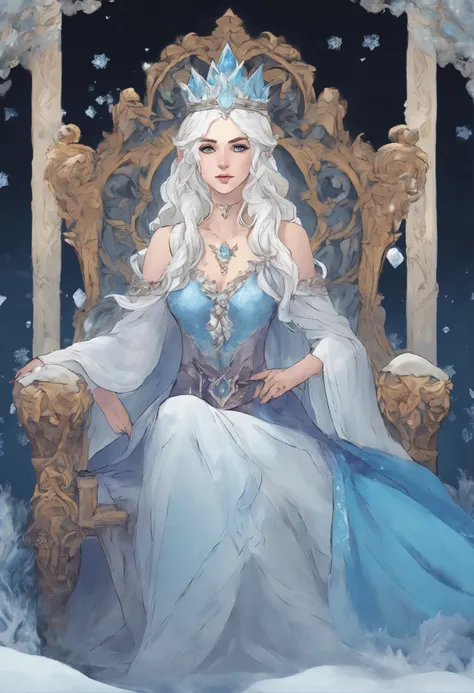 White-haired ice queen with beautiful, white eyes, with a serious look looking at the fourth wall, sitting on an ice throne wearing a blue dress