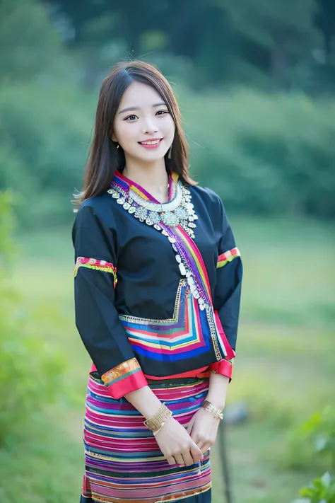 a woman in a colorful dress standing in a field, traditional tai costume, traditional clothes, traditional dress, traditional clothing, traditional beauty, wearing an elegant tribal outfit, traditional costume, chinese woman, tribal clothing, wearing authe...