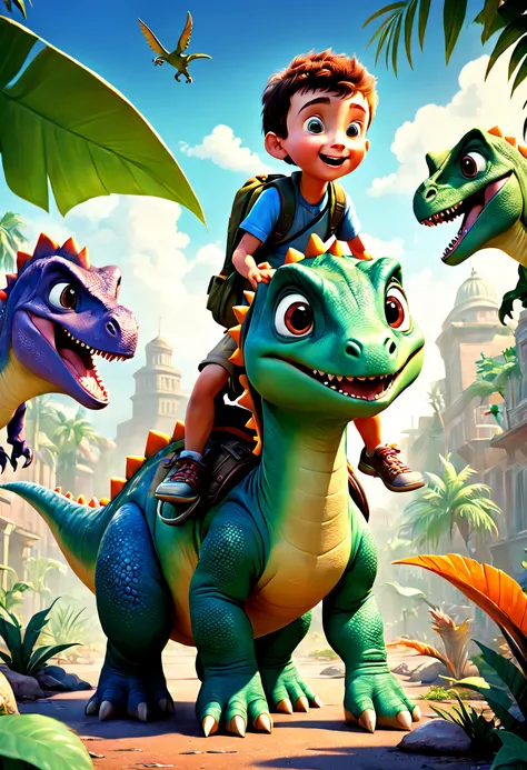 Animated movie poster, The Adventures of a Boy and a Baby Dinosaur, Comedy Animation, Full CG Animation, Title Text, Real CG Animation, Complex Details, Super Detail, Beautiful Colors, Pop, Vigorous Composition,