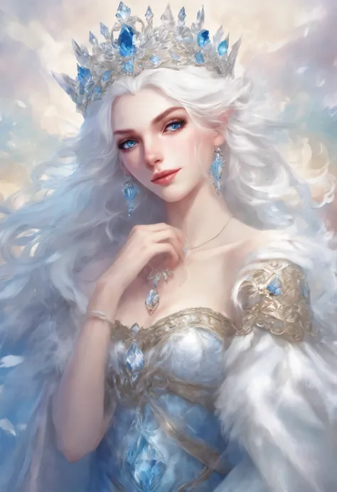 White-haired ice queen with beautiful, white eyes, with a serious look looking at the fourth wall, sitting on an ice throne wearing a blue dress And a small golden crown with a ruby ​​in the middle