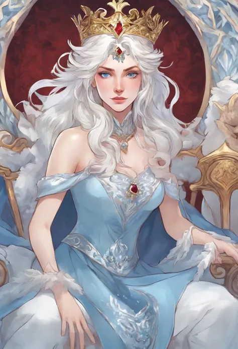 White-haired ice queen with beautiful, white eyes, with a serious look looking at the fourth wall, sitting on an ice throne wearing a blue dress And a small golden triple crown with a ruby ​​in the middle