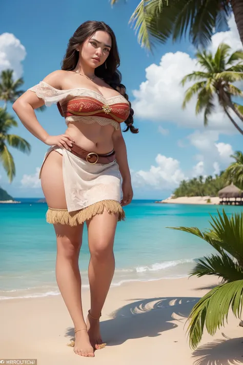 ((masterpiece, best quality, ultra-detailed, ultra-HD, photorealistic, cinematic)), ((alluring Moana)), perfect body, voluptuous body, perfect anatomy, perfect face, perfect hands, (large cleavage), round ass, (round legs), (long, wavy dark brown hair with...