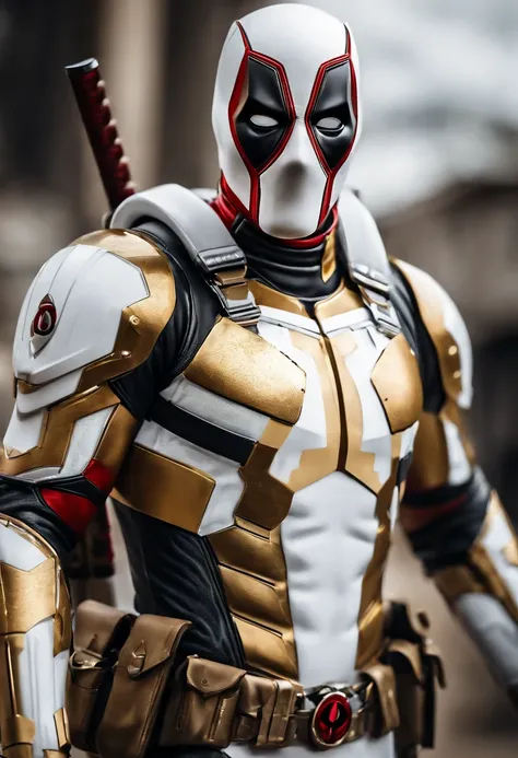 A deadpool, shiny white and gold armor, realistic and white background, details of the white and gold armor, the white and gold suit itself, accurate and realistic image details, steel and titanium armor.