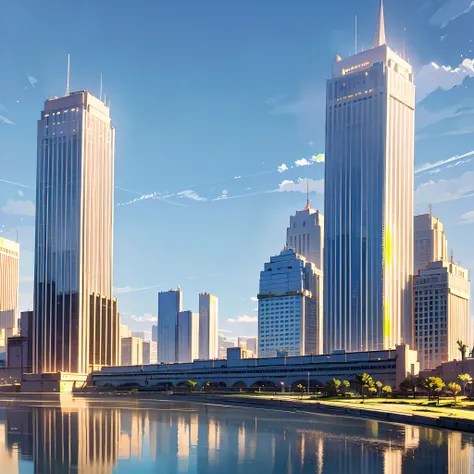 realistic, civilization, modern Egyptian architecture, year 2023, two residential towers connected via a bridge in the middle, the Nile River and Egyptian prints, architectural display, steel facades covered with reflective glass, in the background a sunny...