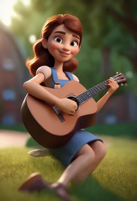 A girl with glasses and smooth brown eyes with a guitar in his hand kneeling and dancing, animation character, Caractere estilizado, animation style rendering, 3D estilizado, Arnold Maya render, 3 d render stylized, toon render keyshot, Personagem 3D, Pers...