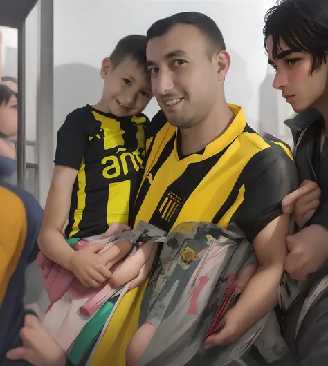 There is a man holding a child in a yellow and black shirt, ástor alexander, ronaldo luis nazario de lima, Ayanamikodon e Irakli Nadar, Mircea Suciu, with a boy, Mohamed Reda, Emad Mostaque, Alex, Carga de alta calidad, Adim Kashin, rinat voligamsi, estilo...