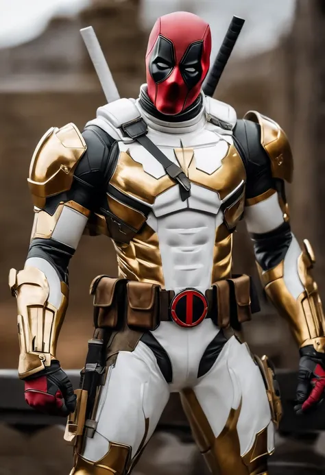 A deadpool, shiny white and gold armor, realistic and white background, details of the white and gold armor, the white and gold suit itself, accurate and realistic image details, steel and titanium armor.