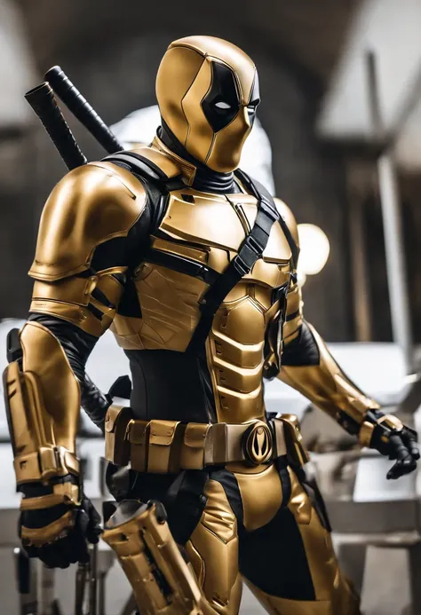 A deadpool, shiny white and gold armor, realistic and white background, details of the white and gold armor, the white and gold suit itself, accurate and realistic image details, steel and titanium armor.