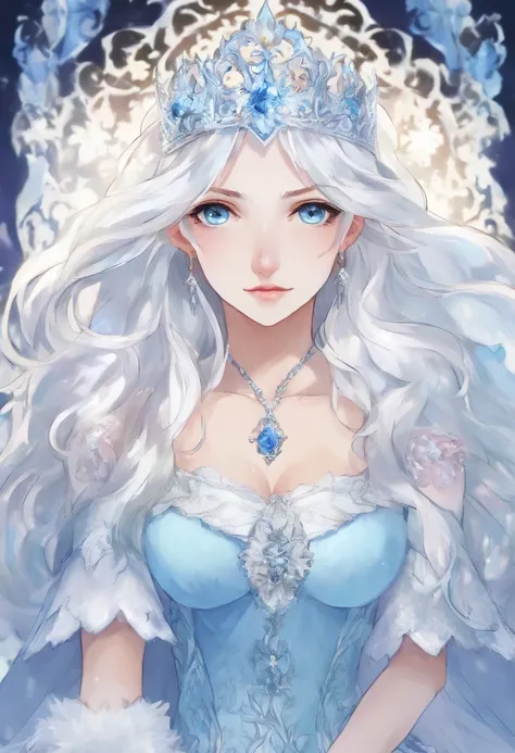 Anime, (masterpiece) White-haired ice queen with beautiful, white eyes, with a serious look looking at the fourth wall, sitting on an ice throne wearing a blue dress