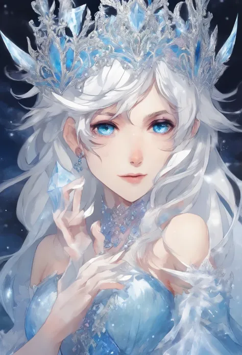 Anime, (masterpiece) White-haired ice queen with beautiful, white eyes, with a serious look looking at the fourth wall, sitting on an ice throne wearing a blue dress