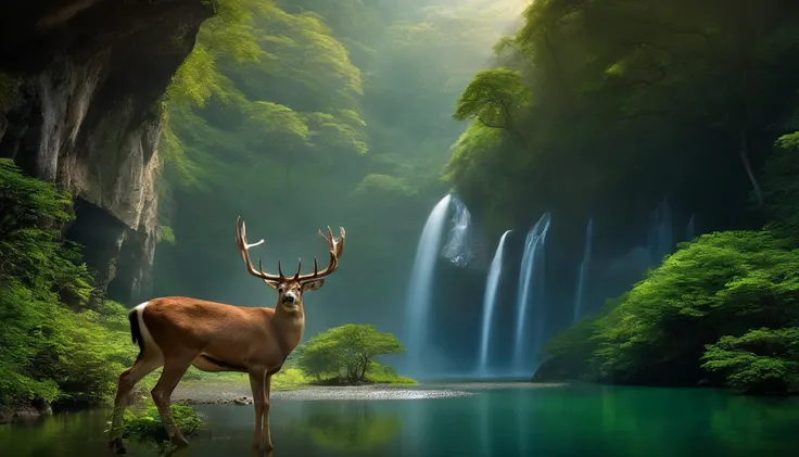 Ancient Japan, springtime, jungle, lake, cave, waterfall, wood, pasture, rock formations, deer, onsen, vapour