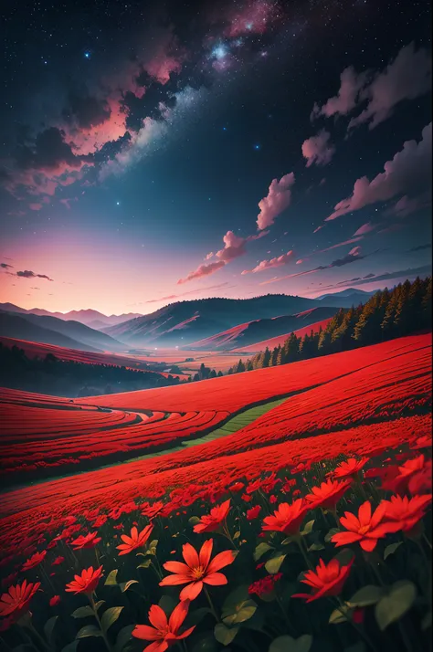 A bright night,sky filled with stars,red flowers field, landscape, ultra realistic 8k quality,