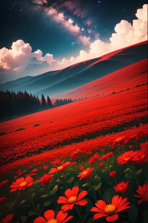 A bright night,sky filled with stars,red flowers field, landscape, ultra realistic 8k quality,